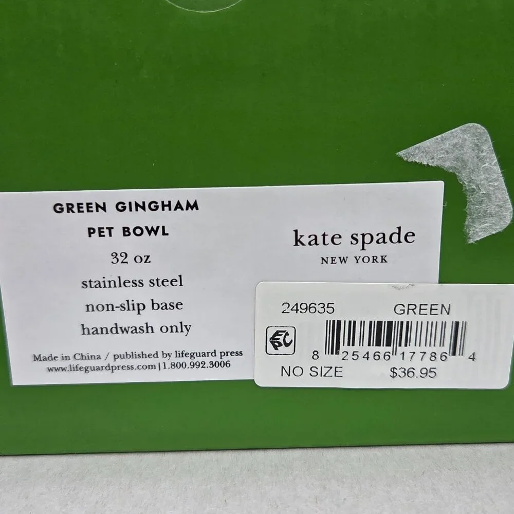 NWT Kate Spade Green Gingham Dog Cat Pet Food Bowls 32 oz Pair